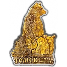 Магнит из бересты вырезной Томск Медведь с медвежатами елочка серебро