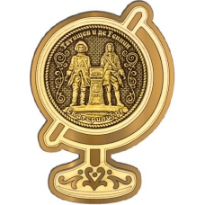 Магнит из бересты Екатеринбург Основатели города круг Глобус золото