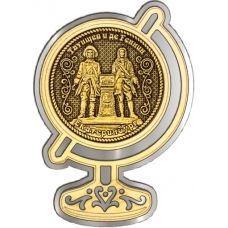 Магнит из бересты Екатеринбург Основатели города круг Глобус серебро