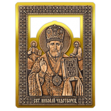 Магнит из бересты прорезная Икона Николай Чудотворец (Золото) В-5886