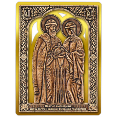 Магнит из бересты сплошной Икона Пётр и Феврония (Золото) В-8123
