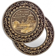 Зеркало круглое без ручки Новосибирск Собор Александра Невского (береста, тиснение, дерево)