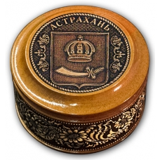 Шкатулка деревянная круглая с накладками из бересты Астрахань-Герб 70х46