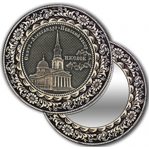 Зеркало круглое без ручки из бересты с берестяной накладкой Ижевск-Свято-Александро-Невский собор