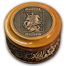 Шкатулка деревянная круглая с накладками из бересты Москва-Герб 70х46