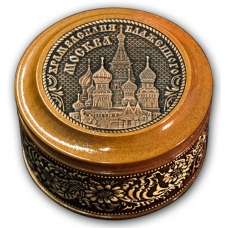 Шкатулка деревянная круглая с накладками из бересты Москва-Храм Василия Блаженного 70х46