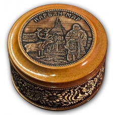 Шкатулка деревянная круглая с накладками из бересты Нарьян-Мар-Чум и олень 70х46