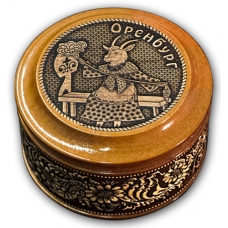 Шкатулка деревянная круглая с накладками из бересты Оренбург-Коза 70х46
