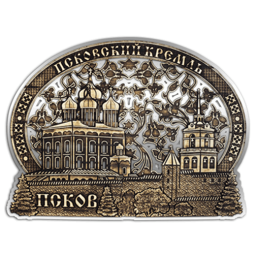 Магнит из бересты вырезной Псков "Кремль Панорама" (Серебро) В-22410