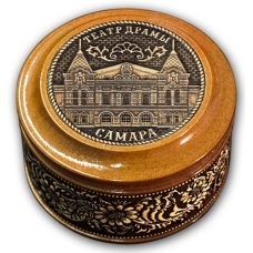 Шкатулка деревянная круглая с накладками из бересты Самара-Драм Театр 70х46