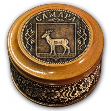 Шкатулка деревянная круглая с накладками из бересты Самара-Герб 70х46