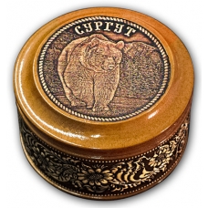 Шкатулка деревянная круглая с накладками из бересты Сургут-Медведь 70х46
