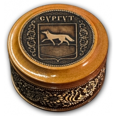 Шкатулка деревянная круглая с накладками из бересты Сургут-Герб  70х46