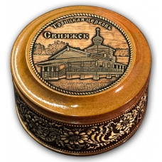 Шкатулка деревянная круглая с накладками из бересты Свияжск-Троицкая Церковь 70х46