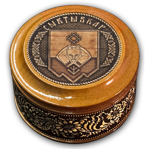 Шкатулка деревянная круглая с накладками из бересты Сыктывкар-герб 70х46
