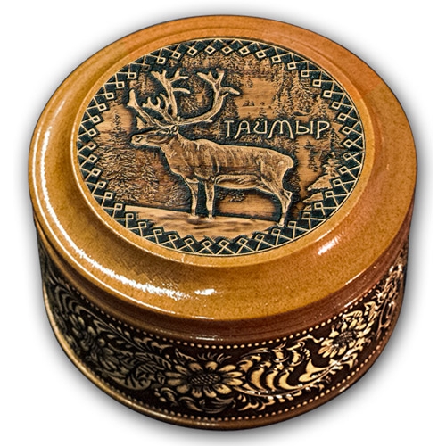 Шкатулка деревянная круглая с накладками из бересты Таймыр-Олень 70х46
