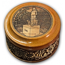 Шкатулка деревянная круглая с накладками из бересты Тюмень-Памятник маме