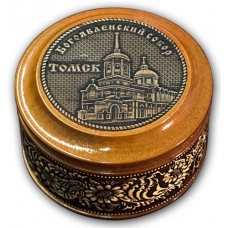 Шкатулка деревянная круглая с накладками из бересты Томск-Богоявленский собор 70х46