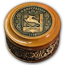 Шкатулка деревянная круглая с накладками из бересты Южноуральск-Герб  70х46