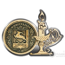 Магнит из бересты Южноуральск-Герб свеча серебро