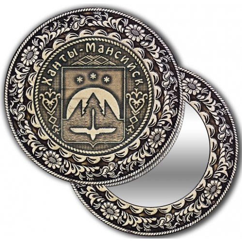 Зеркало круглое из бересты с накладкой Ханты-Мансийск-Герб 
