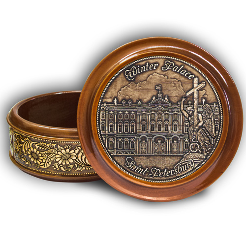 Шкатулка деревянная круглая с накладками из бересты  Санкт-Петербург-Зимний дворец (англ) 105х49