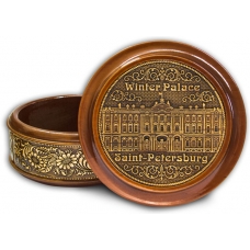 Шкатулка деревянная круглая с накладками из бересты  Санкт-Петербург-Зимний дворец (англ.) 95х48 