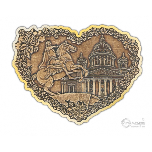 Магнит из бересты вырезной Санкт-Петербург-Коллаж сердце золото