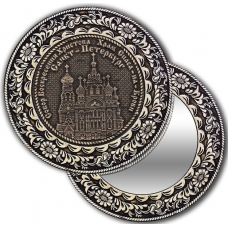 Зеркало круглое из бересты без ручки с берестяной накладкой Санкт-Петербург-Храм Спас на Крови