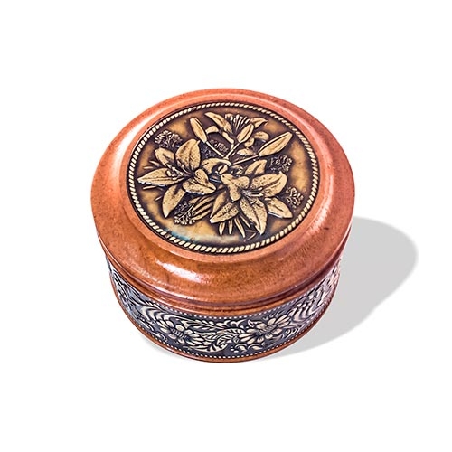 Шкатулка деревянная круглая с накладками из бересты Лилии 70х46