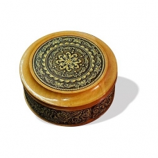 Шкатулка деревянная круглая с накладками из бересты Орнамент 95х48