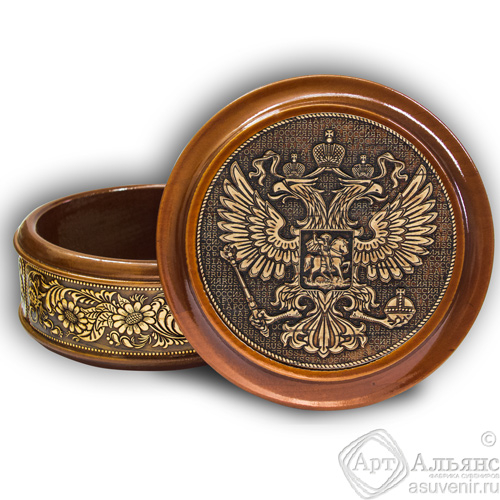Шкатулка деревянная круглая с накладками из бересты Герб России 105х49